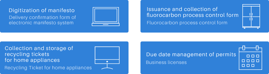 'Digitization of manifesto' Delivery confirmation form of electronic manifesto system 'Issuance and collection of fluorocarbon process control form' Fluorocarbon process control form 'Collection and storage of recycling tickets for home appliances' Recycling Ticket for home appliances 'Due date management of permits' Business licenses