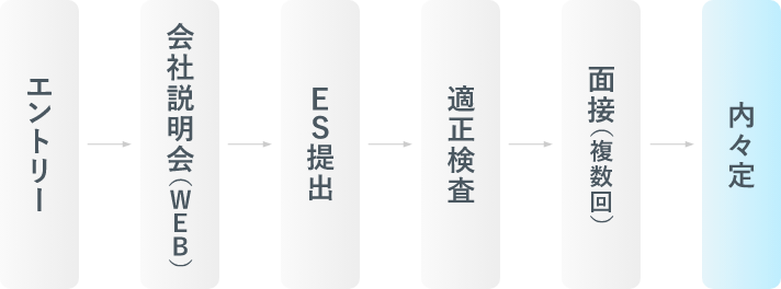 エントリー→会社説明会（WEB）→ES提出→適性検査→面接（複数回）→内々定